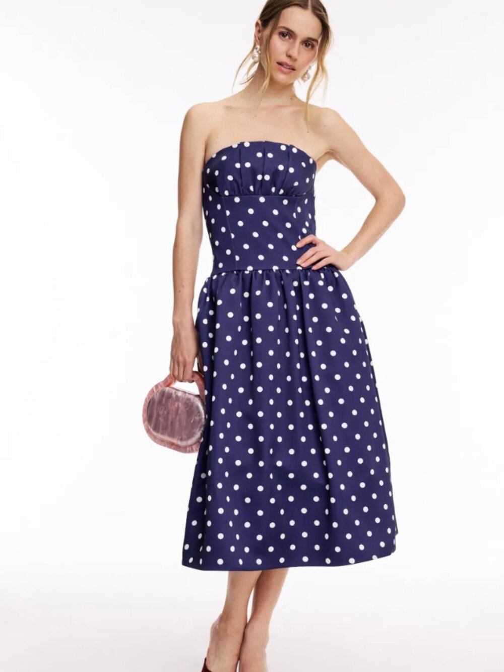 Self-Portrait Navy Blue Polka Dot Strapless Midi Dress